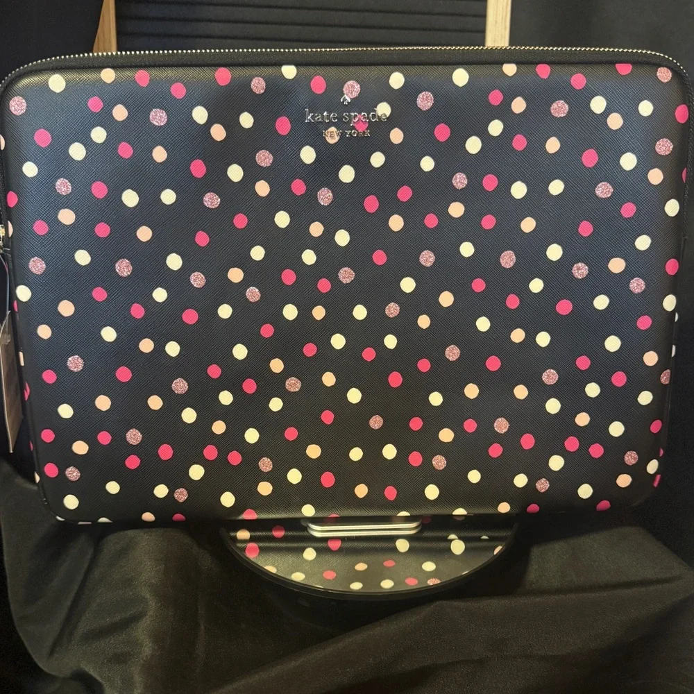 Kate Spade Black Laptop Sleeve with Pink, Glitter and White Polka Dots NWT